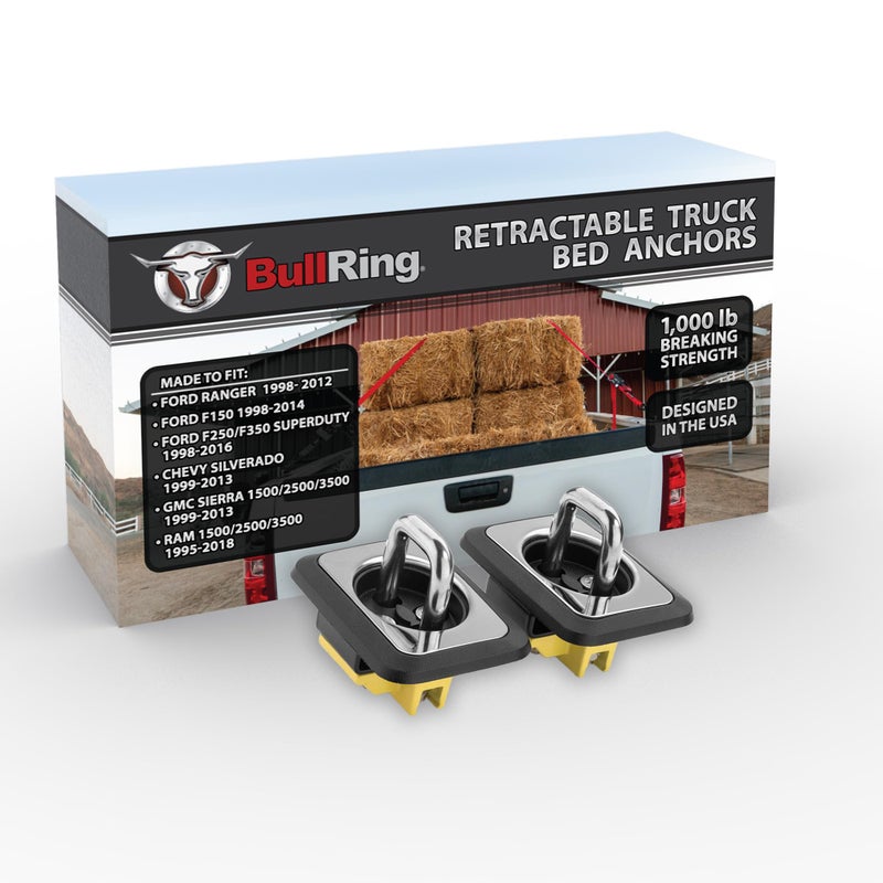 Bull Ring Retractable Truck Bed Tie Down Anchors, 98-12 Ford Ranger, 98-14 F150, 98-16 F250 & F350 Super Duty, 99-13 Silverado, 99-13 Sierra 1500 2500 & 3500, 95-18 RAM 1500 2500 & 3500 (1 Pair) - Image 1
